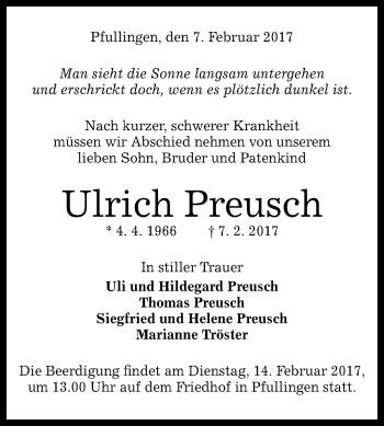Anzeige von Ulrich Preusch von Reutlinger Generalanzeiger