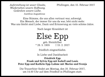 Anzeige von Else Epp von Reutlinger Generalanzeiger
