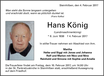 Anzeige von Hans König von Reutlinger Generalanzeiger