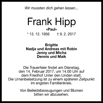 Anzeige von Frank Hipp von Reutlinger Generalanzeiger