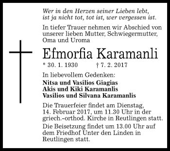 Anzeige von Efmorfia Karamanli von Reutlinger Generalanzeiger
