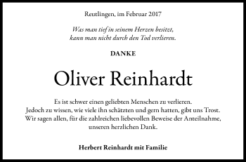 Anzeige von Oliver Reinhardt von Reutlinger Generalanzeiger