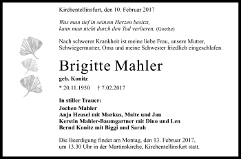 Anzeige von Brigitte Mahler von Reutlinger Generalanzeiger