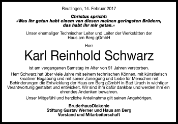 Anzeige von Karl Reinhold Schwarz von Reutlinger Generalanzeiger