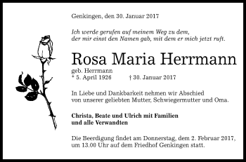 Anzeige von Rosa Maria Herrmann von Reutlinger Generalanzeiger