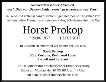 Anzeige von Horst Prokop von Reutlinger General-Anzeiger