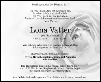 Anzeige von Lona Vatter von Reutlinger General-Anzeiger