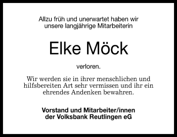 Anzeige von Elke Möck von Reutlinger General-Anzeiger