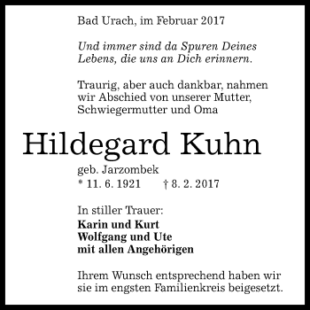 Anzeige von Hildegard Kuhn von Reutlinger Generalanzeiger