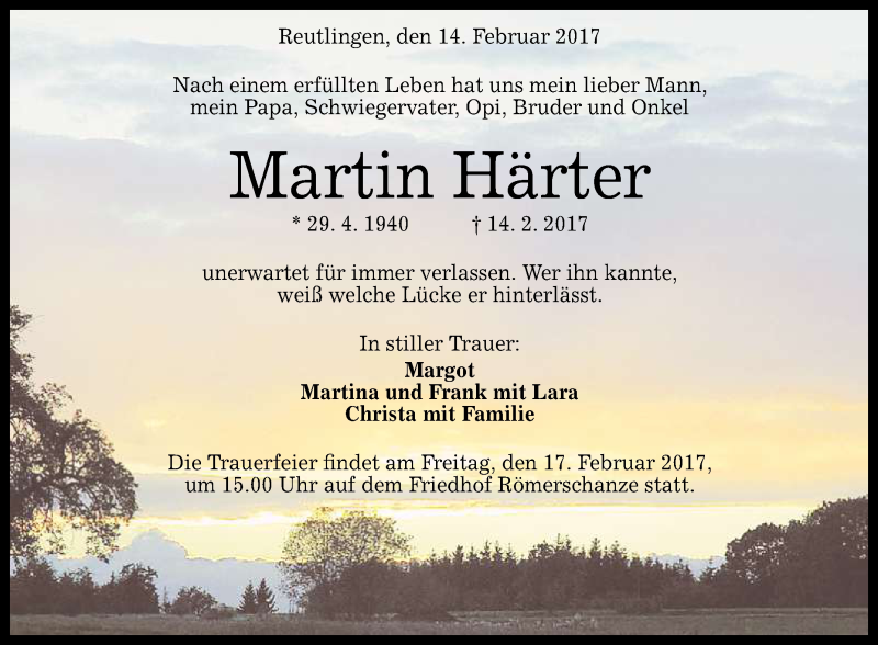  Traueranzeige für Martin Härter vom 16.02.2017 aus Reutlinger Generalanzeiger