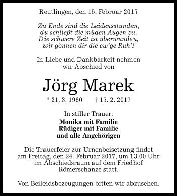 Anzeige von Jörg Marek von Reutlinger General-Anzeiger