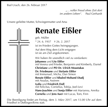 Anzeige von Renate Eißler von Reutlinger General-Anzeiger