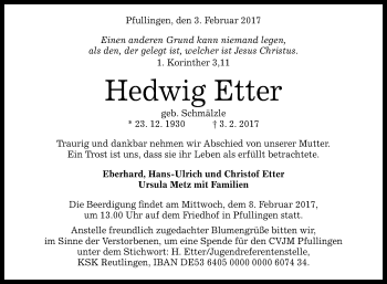 Anzeige von Hedwig Etter von Reutlinger Generalanzeiger