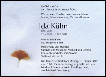 Anzeige von Ida Kühn von Reutlinger Generalanzeiger