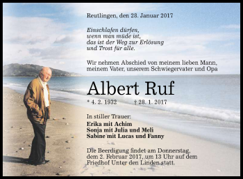 Anzeige von Albert Ruf von Reutlinger Generalanzeiger