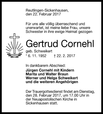 Anzeige von Gertrud Cornehl von Reutlinger General-Anzeiger