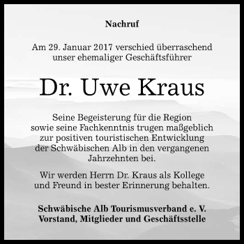 Anzeige von Uwe Kraus von Reutlinger Generalanzeiger