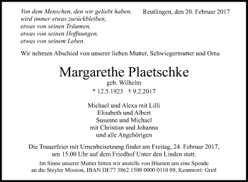 Anzeige von Margarethe Plaetschke von Reutlinger Generalanzeiger