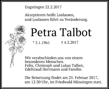 Anzeige von Petra Talbot von Reutlinger General-Anzeiger