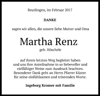 Anzeige von Martha Renz von Reutlinger Generalanzeiger