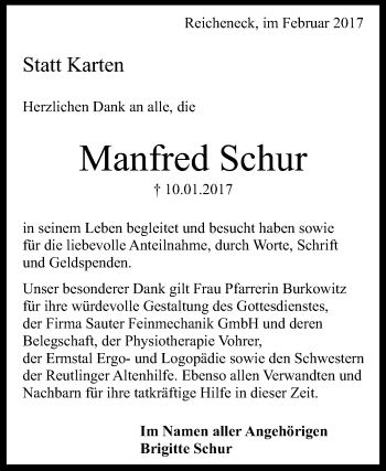 Anzeige von Manfred Schur von Reutlinger Generalanzeiger