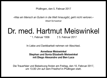 Anzeige von Hartmut Meiswinkel von Reutlinger Generalanzeiger