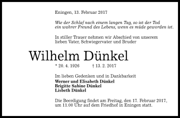 Anzeige von Wilhelm Dünkel von Reutlinger Generalanzeiger