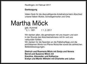 Anzeige von Martha Möck von Reutlinger Generalanzeiger