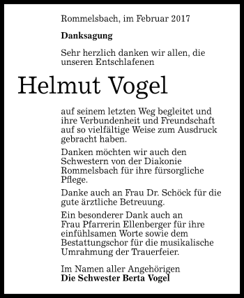 Anzeige von Helmut Vogel von Reutlinger General-Anzeiger