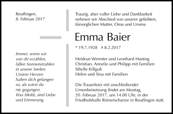 Anzeige von Emma Baier von Reutlinger Generalanzeiger