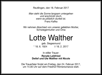 Anzeige von Lotte Walther von Reutlinger General-Anzeiger