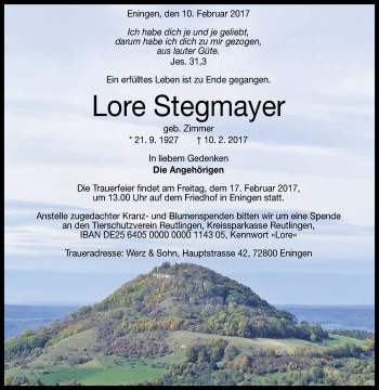 Anzeige von Lore Stegmayer von Reutlinger Generalanzeiger