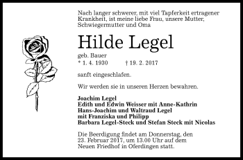 Anzeige von Hilde Legel von Reutlinger General-Anzeiger