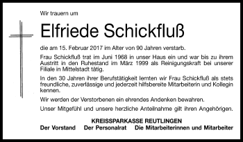Anzeige von Elfriede Schickfluß von Reutlinger General-Anzeiger