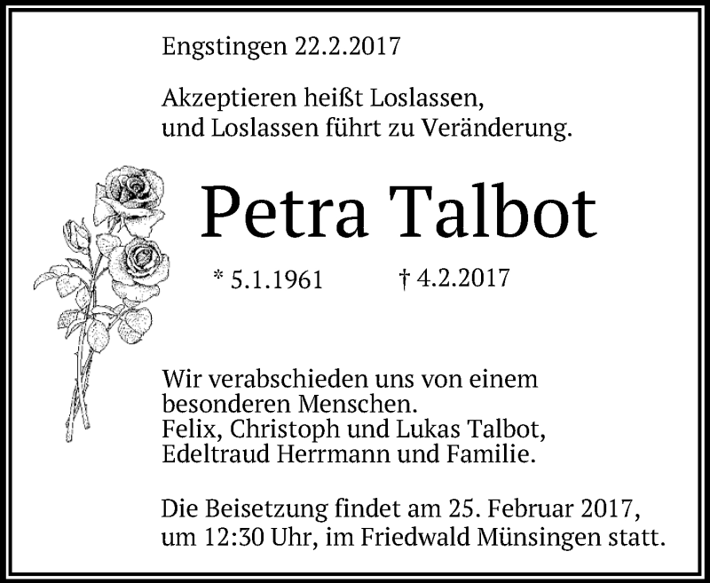  Traueranzeige für Petra Talbot vom 22.02.2017 aus Reutlinger General-Anzeiger
