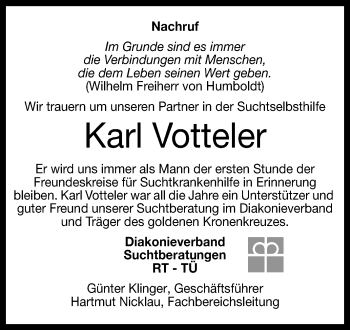 Anzeige von Karl Votteler von Reutlinger Generalanzeiger