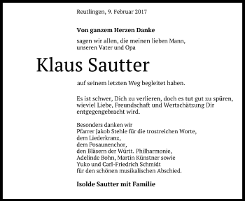 Anzeige von Klaus Sautter von Reutlinger Generalanzeiger