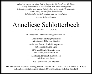 Anzeige von Anneliese Schlotterbeck von Reutlinger Generalanzeiger