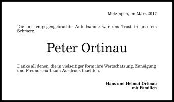 Anzeige von Peter Ortinau von Reutlinger General-Anzeiger