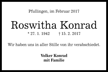 Anzeige von Roswitha Konrad von Reutlinger General-Anzeiger