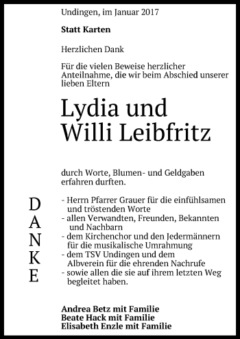 Anzeige von Lydia und Willi Leibfritz von Reutlinger Generalanzeiger