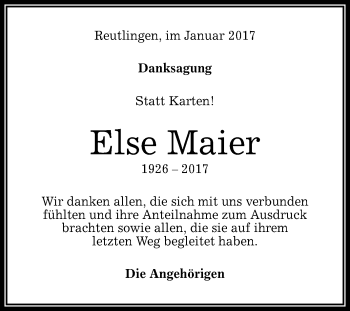 Anzeige von Else Maier von Reutlinger Generalanzeiger