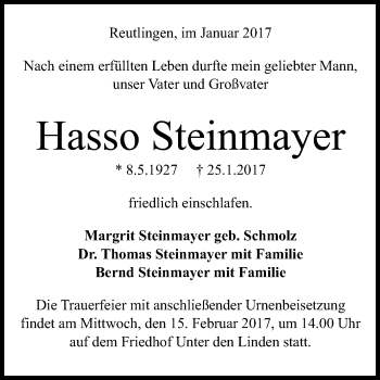 Anzeige von Hasso Steinmayer von Reutlinger Generalanzeiger