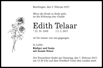 Anzeige von Edith Telaar von Reutlinger Generalanzeiger