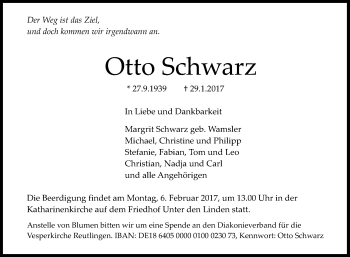 Anzeige von Otto Schwarz von Reutlinger Generalanzeiger