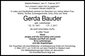 Anzeige von Gerda Bauder von Reutlinger General-Anzeiger