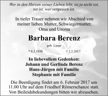 Anzeige von Barbara Berenz von Reutlinger Generalanzeiger