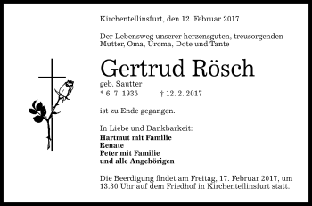 Anzeige von Gertrud Rösch von Reutlinger Generalanzeiger