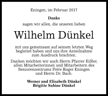 Anzeige von Wilhelm Dünkel von Reutlinger General-Anzeiger