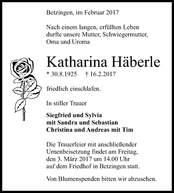 Anzeige von Katharina Häberle von Reutlinger General-Anzeiger